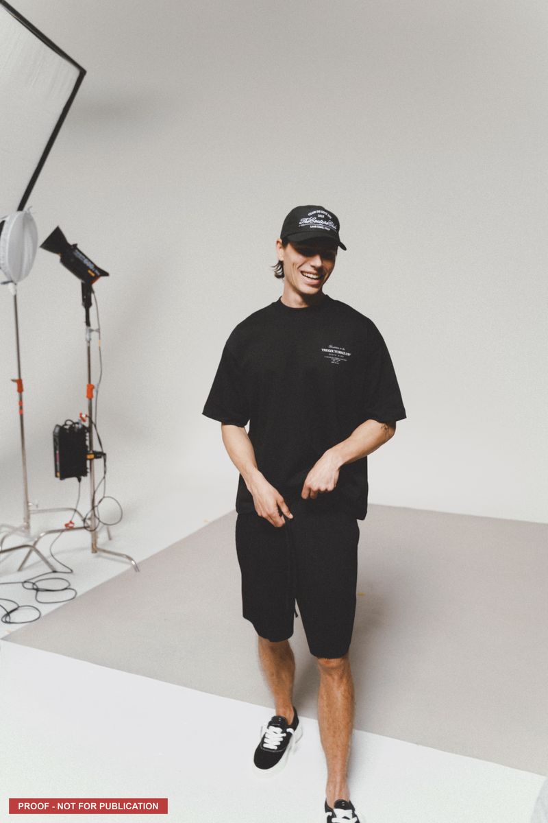 A full-length look photographed on the studio cove.